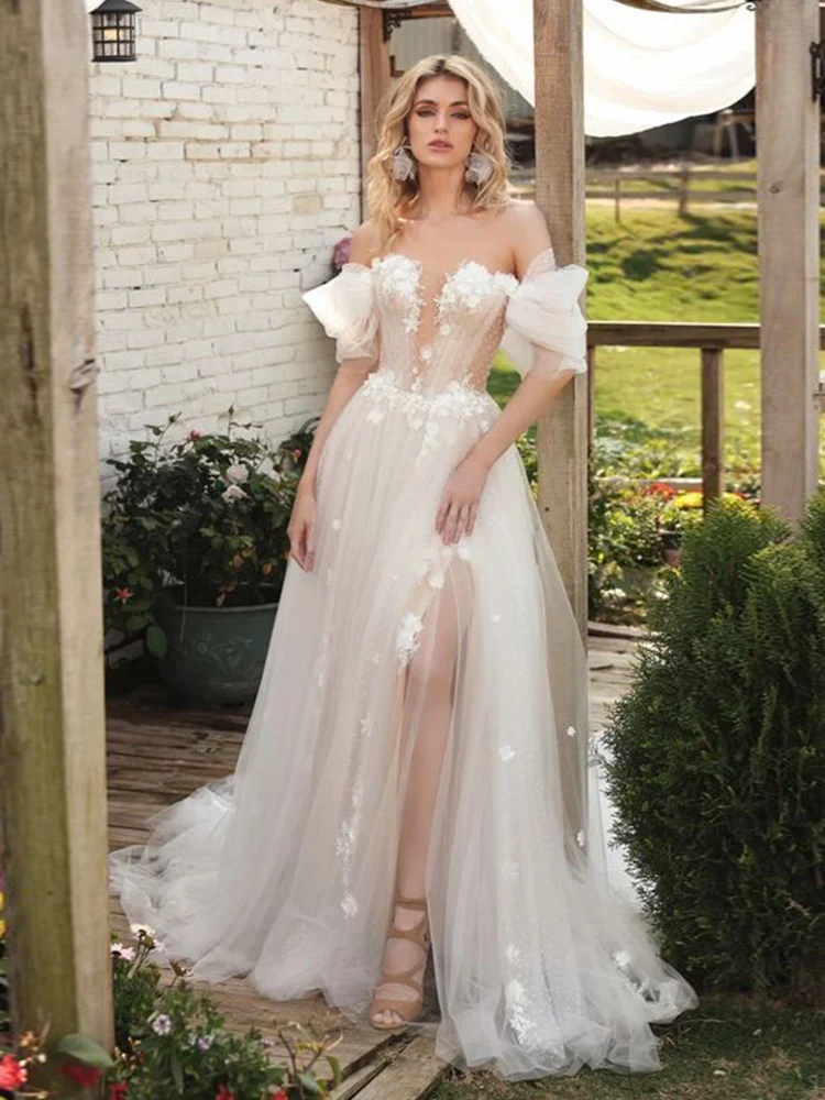 4562# Customzied 3D Flowers Off Shoulder V-neck A-line Wedding Dress  Customized Bridal Gown High Slit Low Back Polka Dots Lace - AliExpress 320