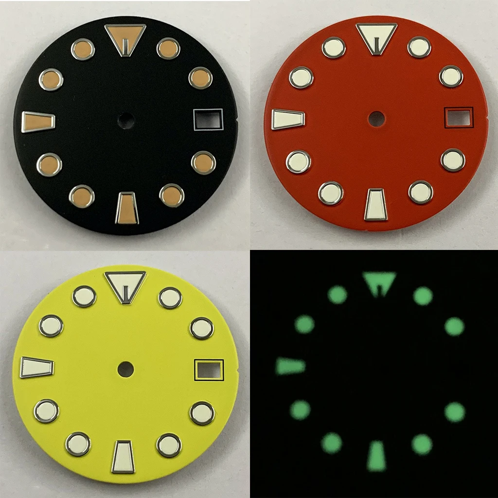 Watch Dial Green Luminous Watch Faces 28.5mm For NH35A 4R35 Movement Fit 3 O'clock 3.8O'clock Case Crown NH35 Red Yellow Black