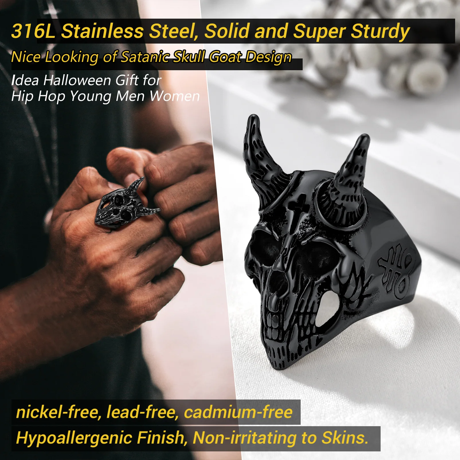 PROSTEEL Satanic Goat Skull Head Rings for Men Cross Demon Symbol Stainless  Steel Ring Size 7 14 in Black/Gold/Silver PSR4439| | - AliExpress