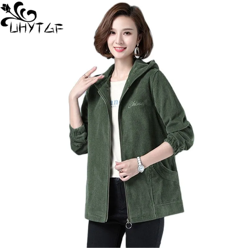 

UHYTGF Jacket Woman Clothes 2023 Hooded Corduroy Spring Autumn Coat Female Korean Fashion Short 4XL Oversize Jacket Women's 2247