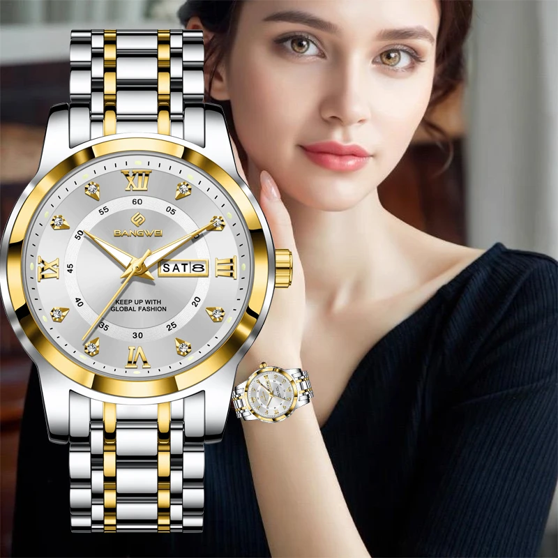 BANGWEI Diamond Watch For Women Creative Steel Waterproof Luminous Ladies Wristwatch Casual Fashion Sports Quartz Chronograph
