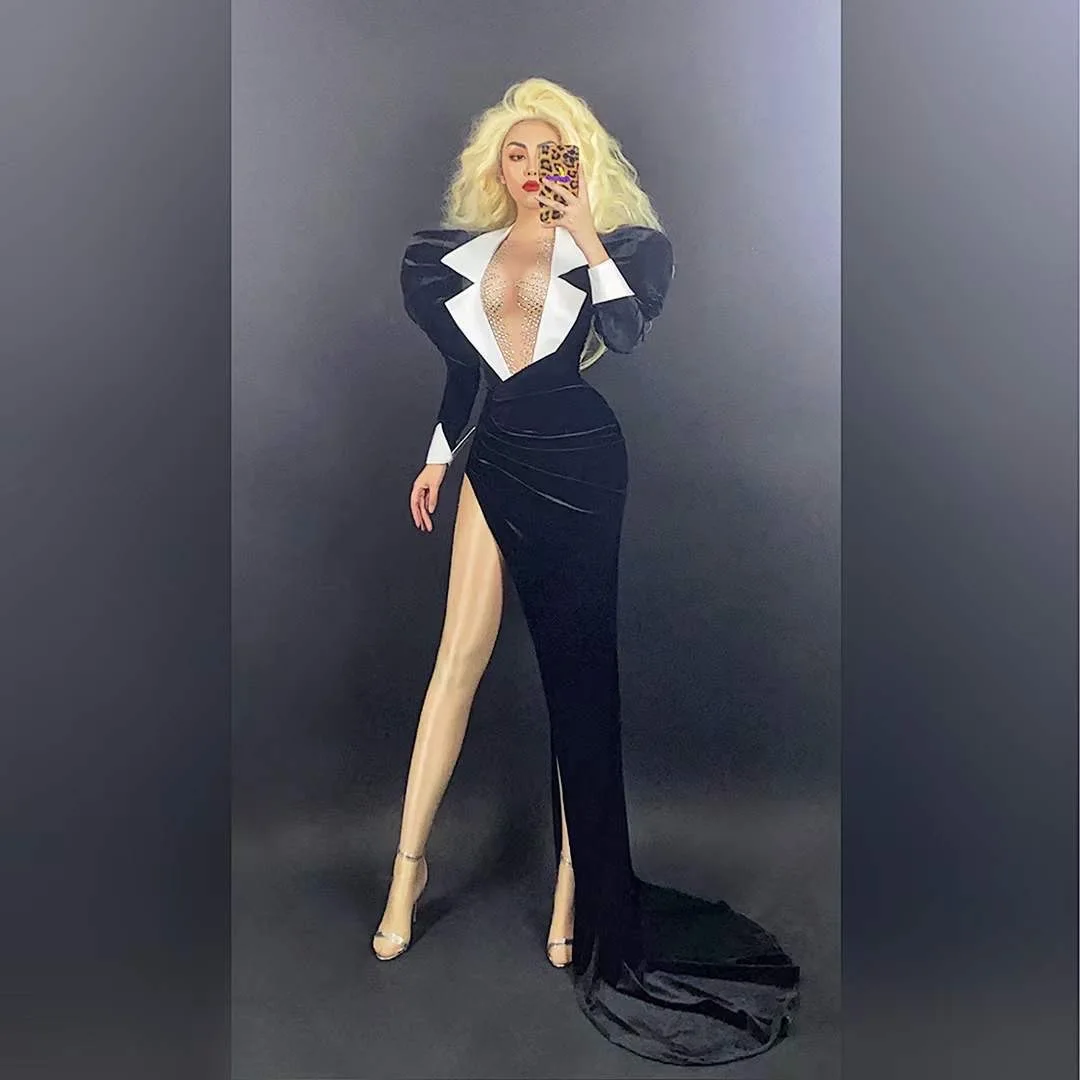 

Черное бархатное модное сексуальное платье с глубоким V-образным вырезом, асимметричное женское платье с пышными рукавами, костюм для выступлений, подиума, вечерняя одежда для вечерние