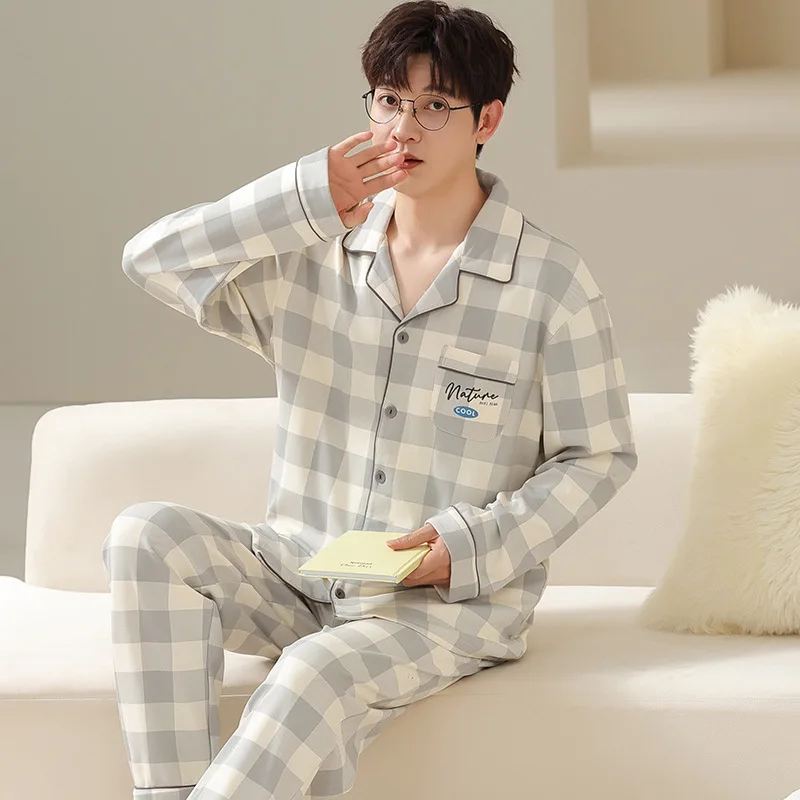 Autumn Winter Men's 100% Pure Cotton Pajamas Lapel Long Sleeve Plaid Cardigan Pants Oversized Comfortable Casual Home Clothing