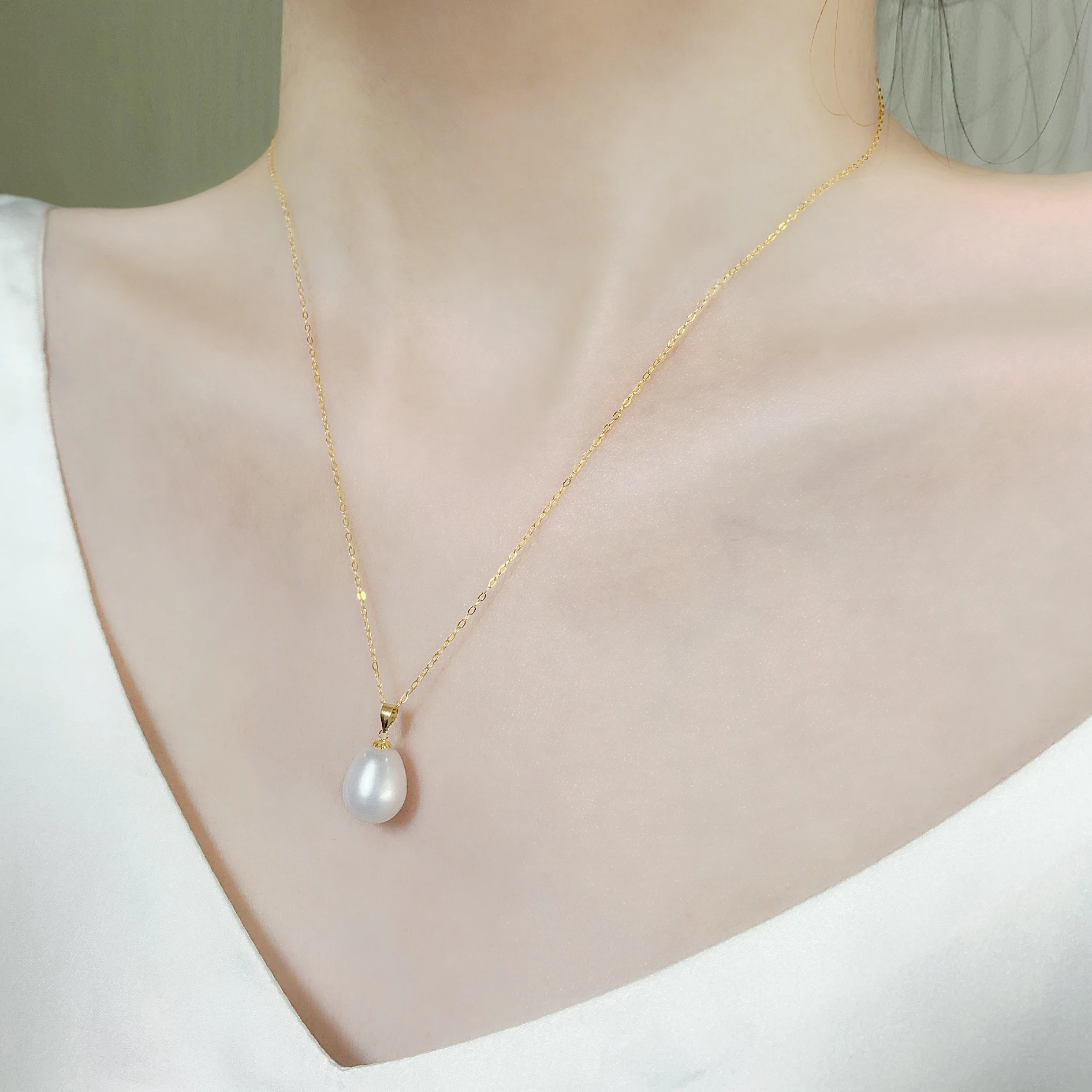 18K Yellow Gold Necklace Pendant Natural Freshwater White 10-11mm Drop Pearl Wedding Party Gift Girl Women NYMPH pearl jewelry gold necklaces