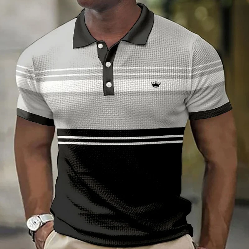 남성용 줄무늬 폴로 셔츠, 3D 크라운 프린트, 데일리 스트리트 상의, 루즈 오버사이즈 셔츠, 여름 캐주얼 반팔, 남성 의류 