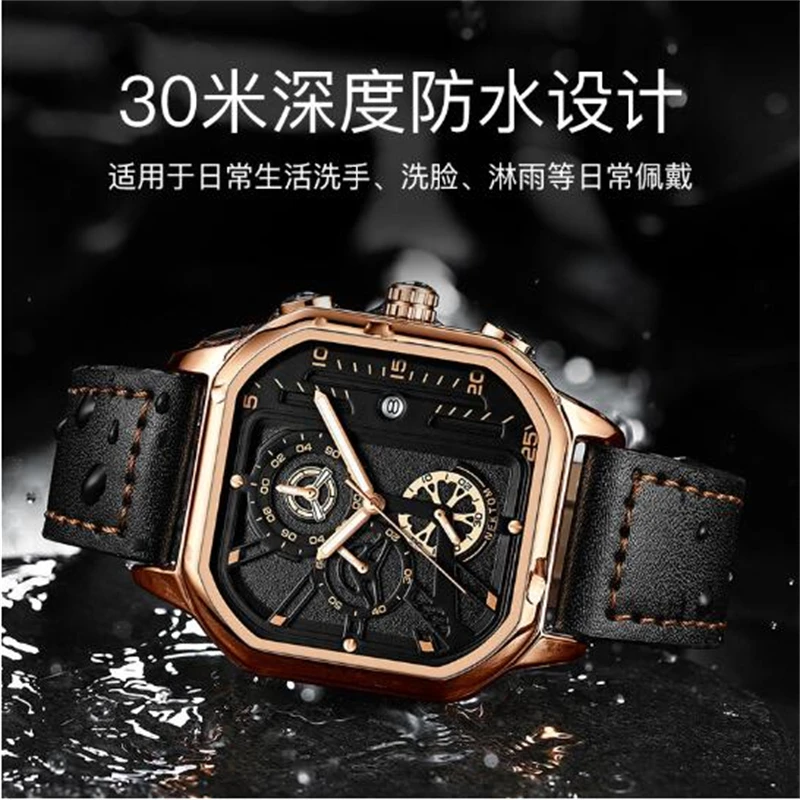 NEKTOM 2022 New Watches Square Sport Mens Watches Waterproof Full Leather Quartz Gold Clock Man Watches Luminous Wristwatch