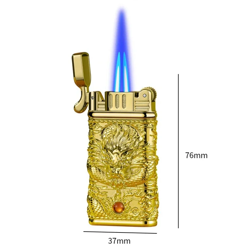 Creative Dragon Embossed Metal Cigar Lighter Grinding Wheel Ignition Gas Lighters Windproof Double Flame Turbo Jet Torch Lighter