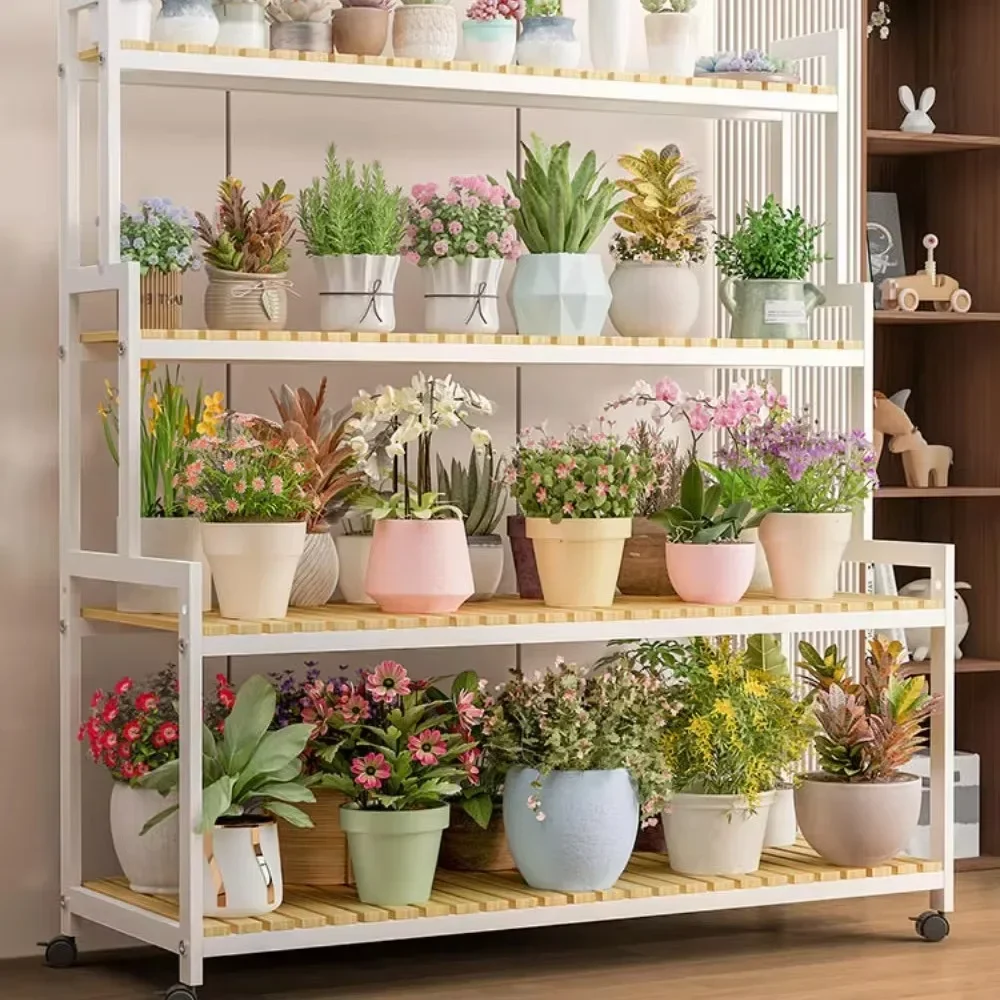 Flower Rack Indoor Floor Standing Multi-Storey plant stand wooden flower shelf With Wheels Adjustable Outdoor Multi Functional Balcony Storage Rack