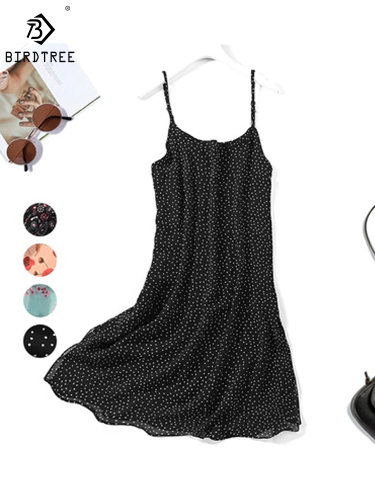 

Birdtree/женское платье из 100% шелка тутового шелкопряда без рукавов, длинное платье-спагетти, 2 слоя, с цветочным принтом, с разрезом сбоку, свободное платье на бретельках D34812C