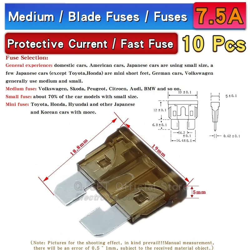 Assorted Miniature Medium-Small Amp Fuses Set - 10 pcs, 5A to 50A Range