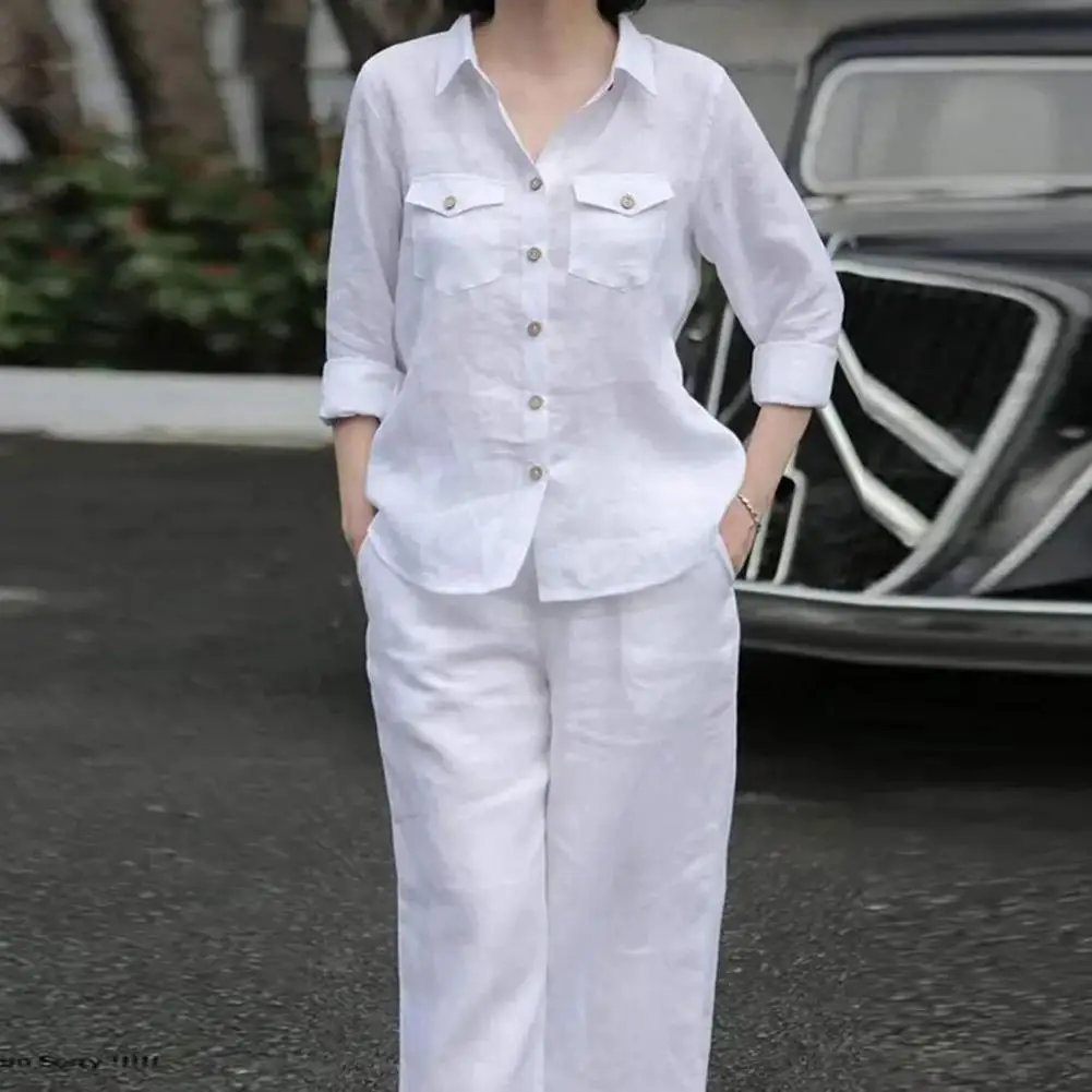 Women Lapel Long Sleeve Shirt Pants Sets Single-breasted Solid Color Pockets Loose Casual Daily Commute Shirt Trousers Set