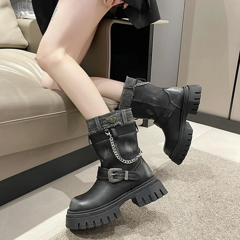 

Женские ботинки с пряжкой и ремешком, повседневные ботильоны на цепочке, с круглым носком, 2023