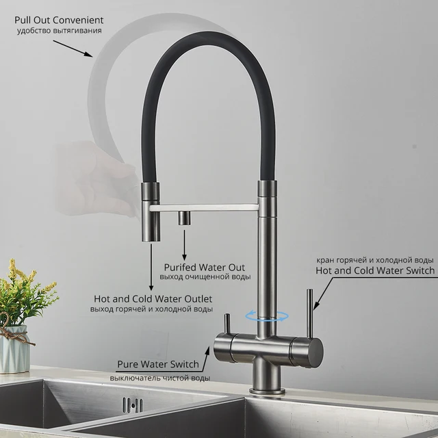 Kitchen Water Filter Faucet Dual Spout Pure Drinking Water Mixer Tap Rotation Water Purification Feature Taps Kitchen Crane 2