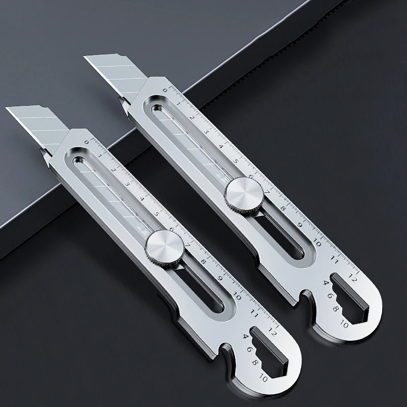6 In 1 Multi-Function Stainless Steel Premium Utility Knife Tail Break Design/Ruler/Bottle opener box cutter couteau art supplie 6in1 multi function stainless steel utility knife 25mm large professional retractable box cutter premium couteau for home office