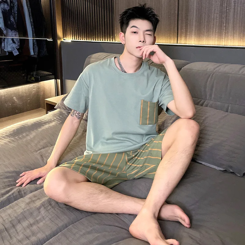 Pajama Sets Men's Two-Piece Pajamas Homewear Summer Cotton Short-Sleeved Shorts Large Size Teenage Boys Casual Homewear Set