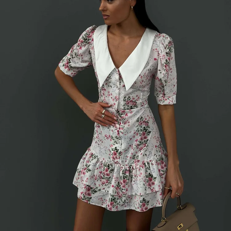 Printed Ruffled V-Neck Mini Dress Female Short Sleeve Fashion Slim High Waist Elegant Party Dress Women's Summer Dress New