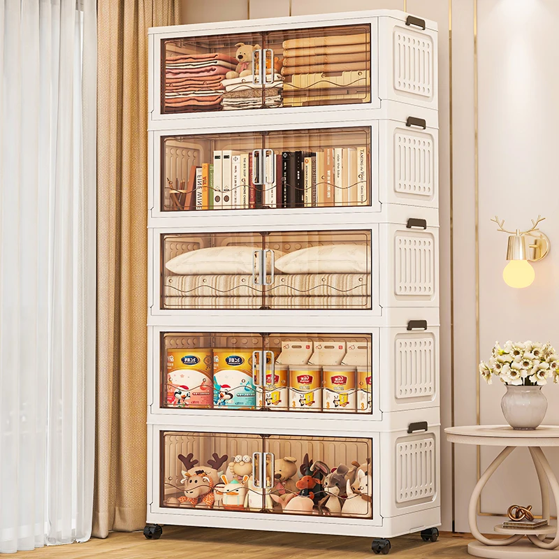 กล่องเก็บของแบบพับได้, ตู้เก็บของพลาสติกแบบสองประตูสำหรับห้องนอนในบ้าน, กล่องเก็บของหลายชั้นสำหรับของเล่น, ขนม และเสื้อผ้าแบบมีฝาปิด 1