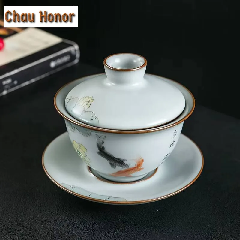 170ml Pure Handmade Ru Kiln Gaiwan Hand-painted Fish Lotus Tea Tureen Opening Tea Maker Cover Bowl Tableware Collection Gift Box