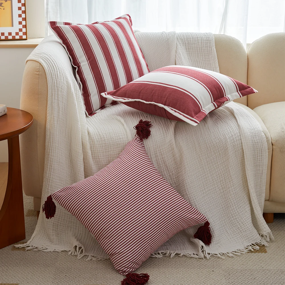 

Red And White Plaid Striped Cushion Cover Tassel Pillowcase 45*45cm Suitable For Home Living Room Cojines Decorativos Para Sofá