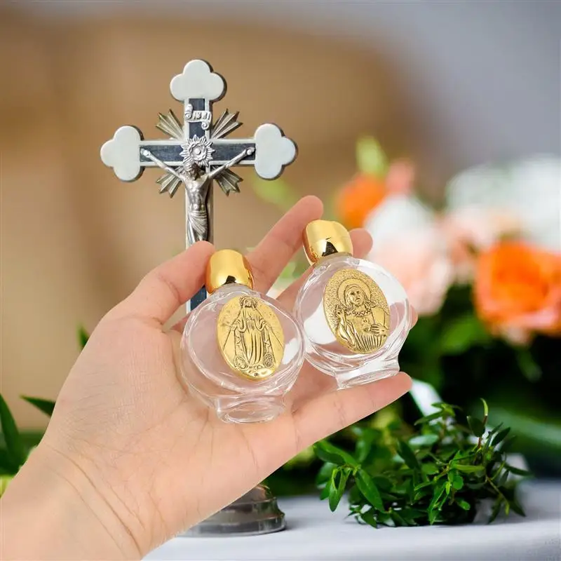 8pcs Metal Decors Glass Refillable Holy Water Container Perfume Bottles Essential Oil Bottles Random Pattern 6.5x4.3cm