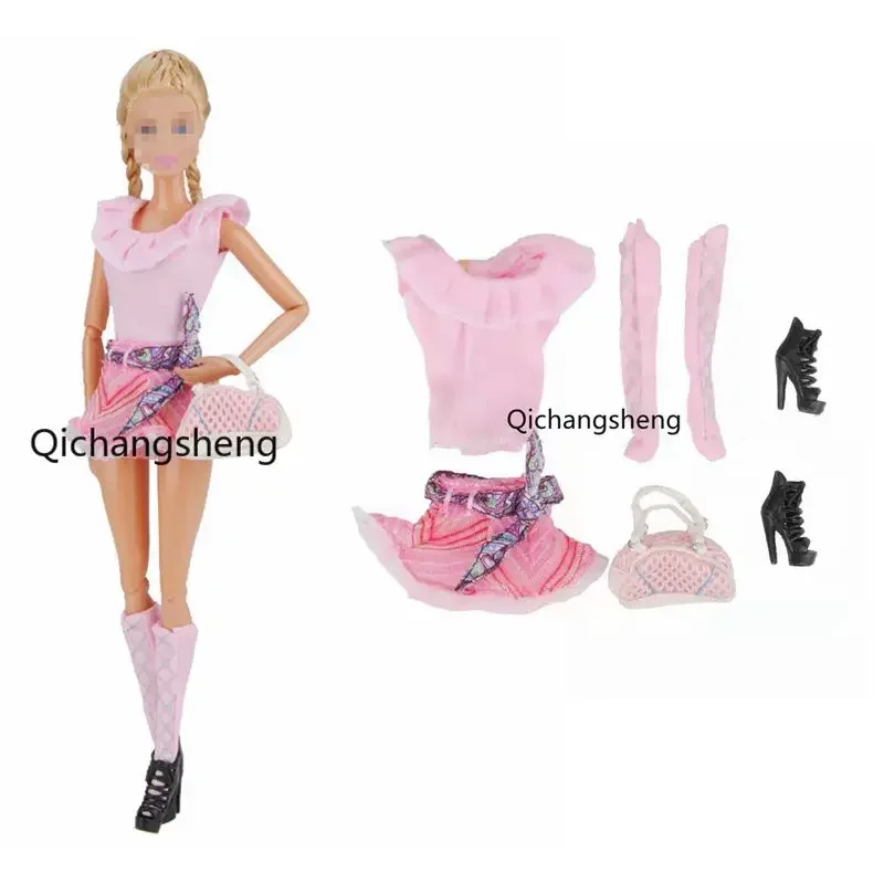 1/6 BJD Dolls Accessories Pink Ruffled Shirt & Skirt & Socks & Shoes & Handbag Fashion Outfits Set For Barbie Doll Clothes Toys women s handbag pink chamois leather purses sprockets post bag evening simple square should bag fashion message bag phone packet