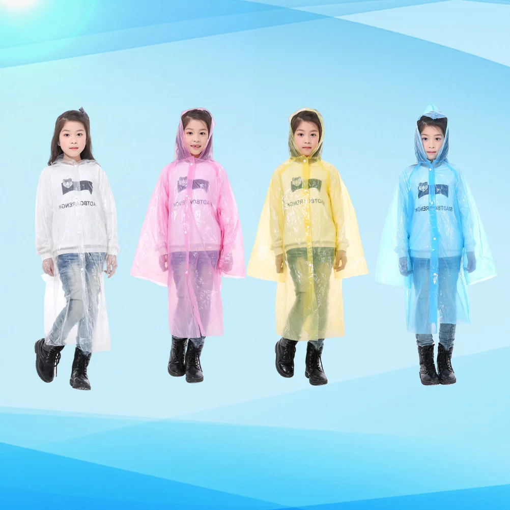 4pcs Windproof Rain Poncho Disposable Hooded Raincoat Unisex PE Raincoats for Sports Hiking Cycling (Children, Random Color)