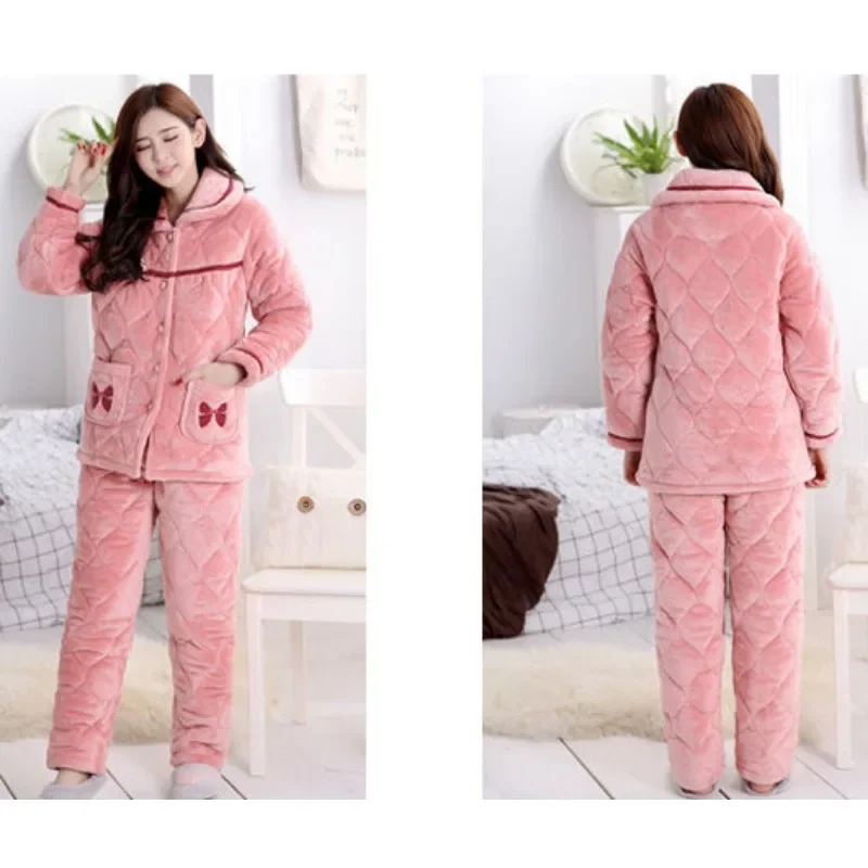 2024 New Winter Coral Fleece Pajamas Women Thickened Fleece Loungewear Warm Triple Layer Sleepwear Flannel Cotton Loungewear Set