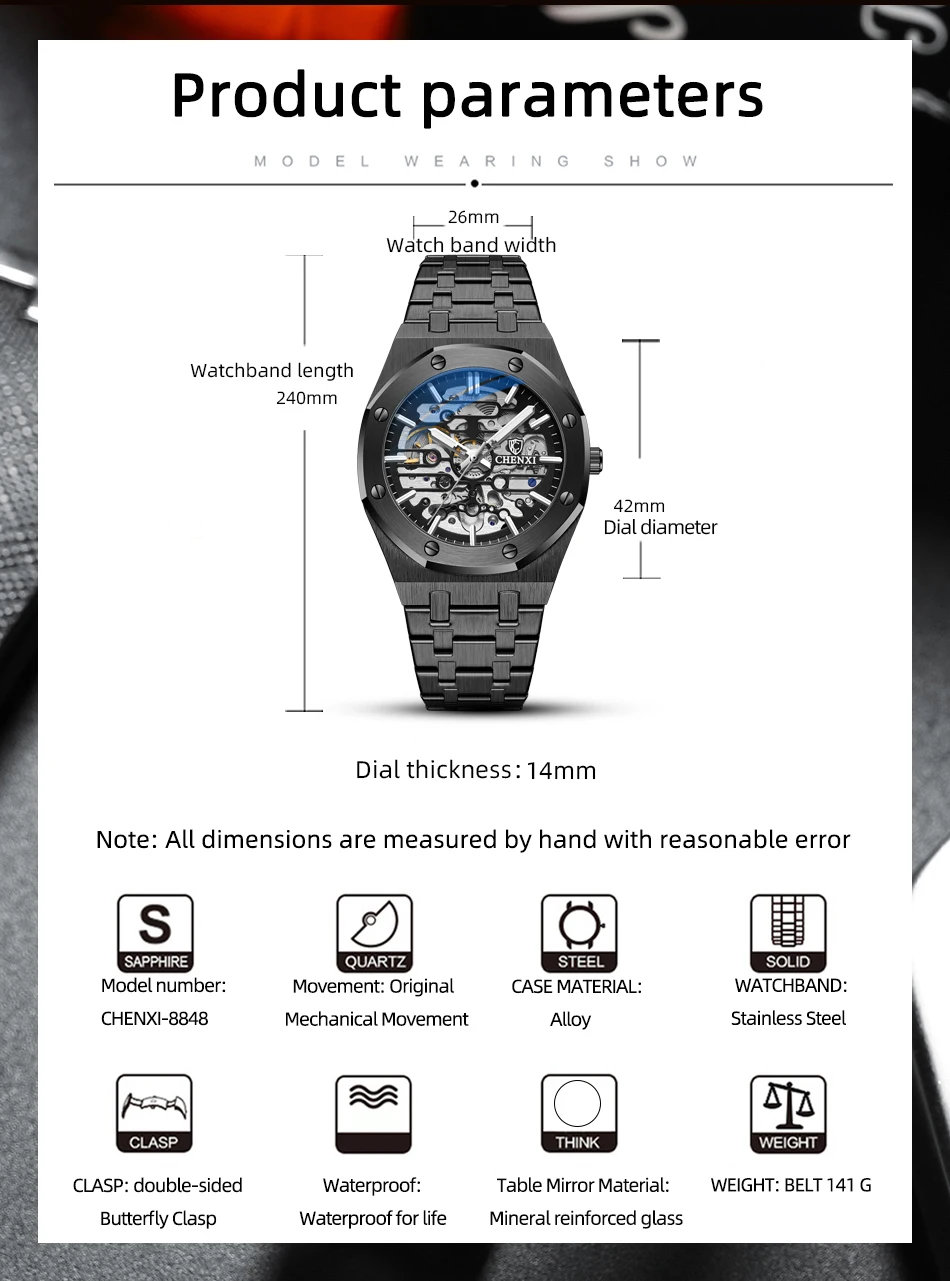 CHENXI 2021 New 8848 Automatic Men Top Brand Mechanical Tourbillon Wristwatch Waterproof Business Stainless Sport Male Watches
