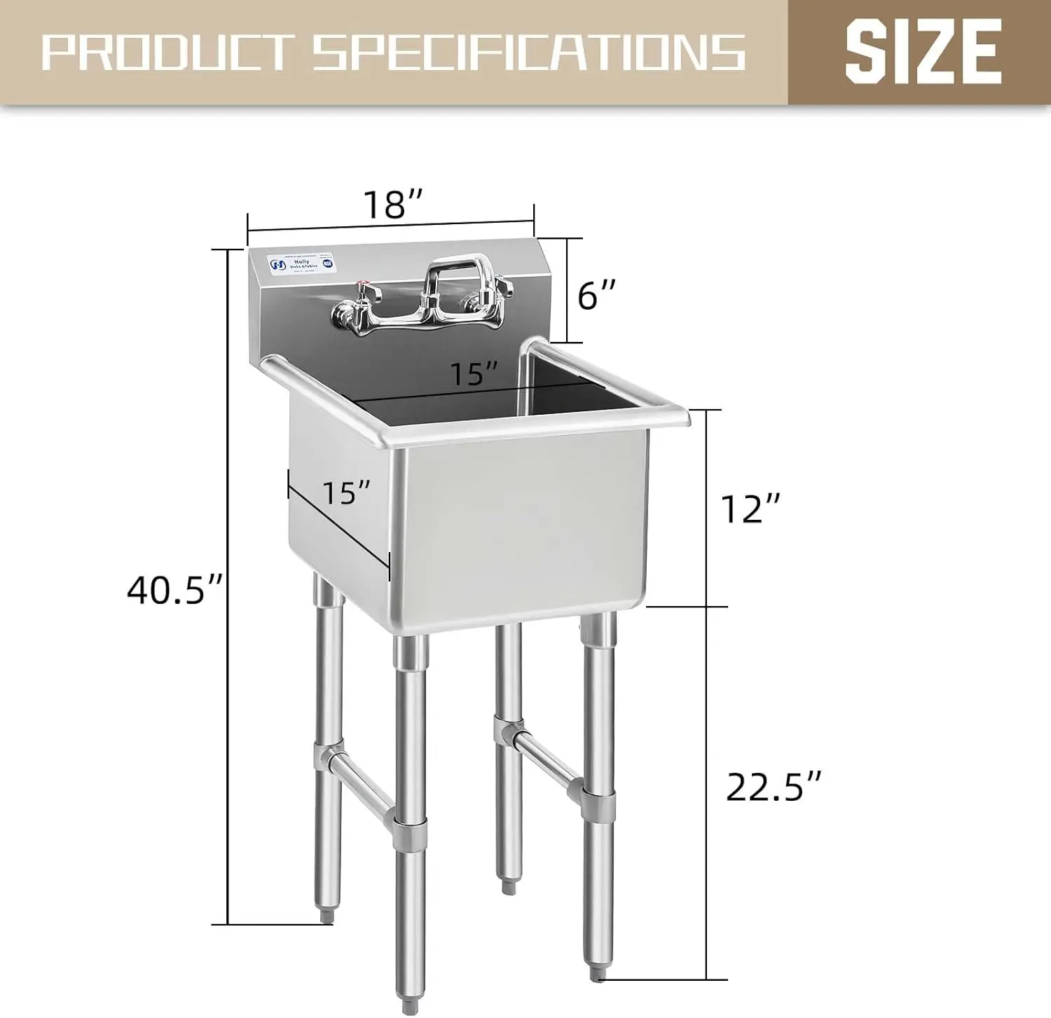 Commercial Stainless Steel Sink 1 Compartment NSF Prep Utility Sink with 8" Faucet 15" L x 15" W x 12" D Bowl for Hotel and Home 2