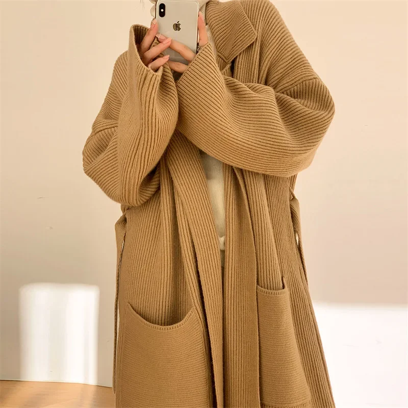 

Lapel Long Sweater Women's Jacket Autumn and Winter New Lazy High-end Sense of Gentle Soft Waxy Loose Knitted Cardigan Coat