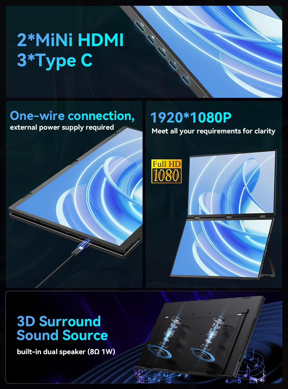 EVICIV 18.5인치 100Hz 트리플 모니터 1080P 8비트 100%sRGB 고색감 드라이버 불필요 접이식 스택형 디자인 노트북 화면 확장기 윈도우 맥 완전 호환 게이밍 사무 업무 범용 휴대용 외장 디