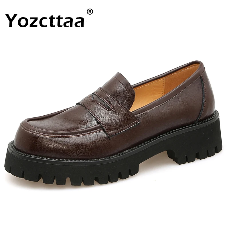 

Туфли Yozcttaa женские из натуральной кожи, повседневные лоферы на платформе, туфли-лодочки на среднем толстом каблуке, весеннее платье, размеры 34-39, 2024