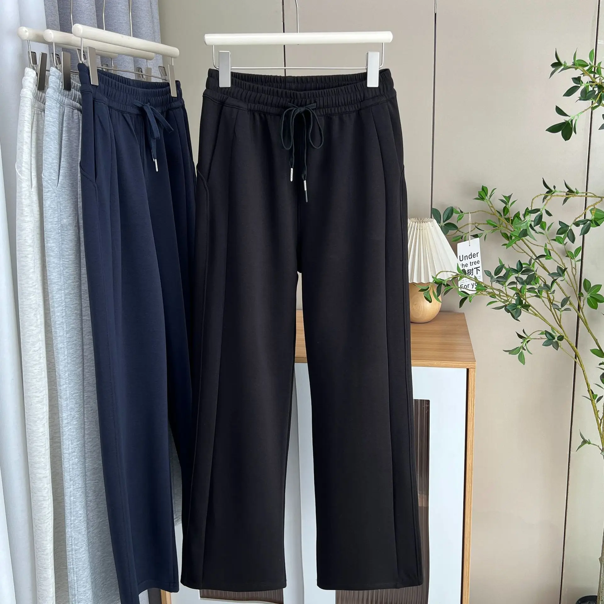 Fashion Plus Size Women's Wide Leg Pants Autumn New Style Simple Casual Drawstring Waist Full Length Trousers 8823