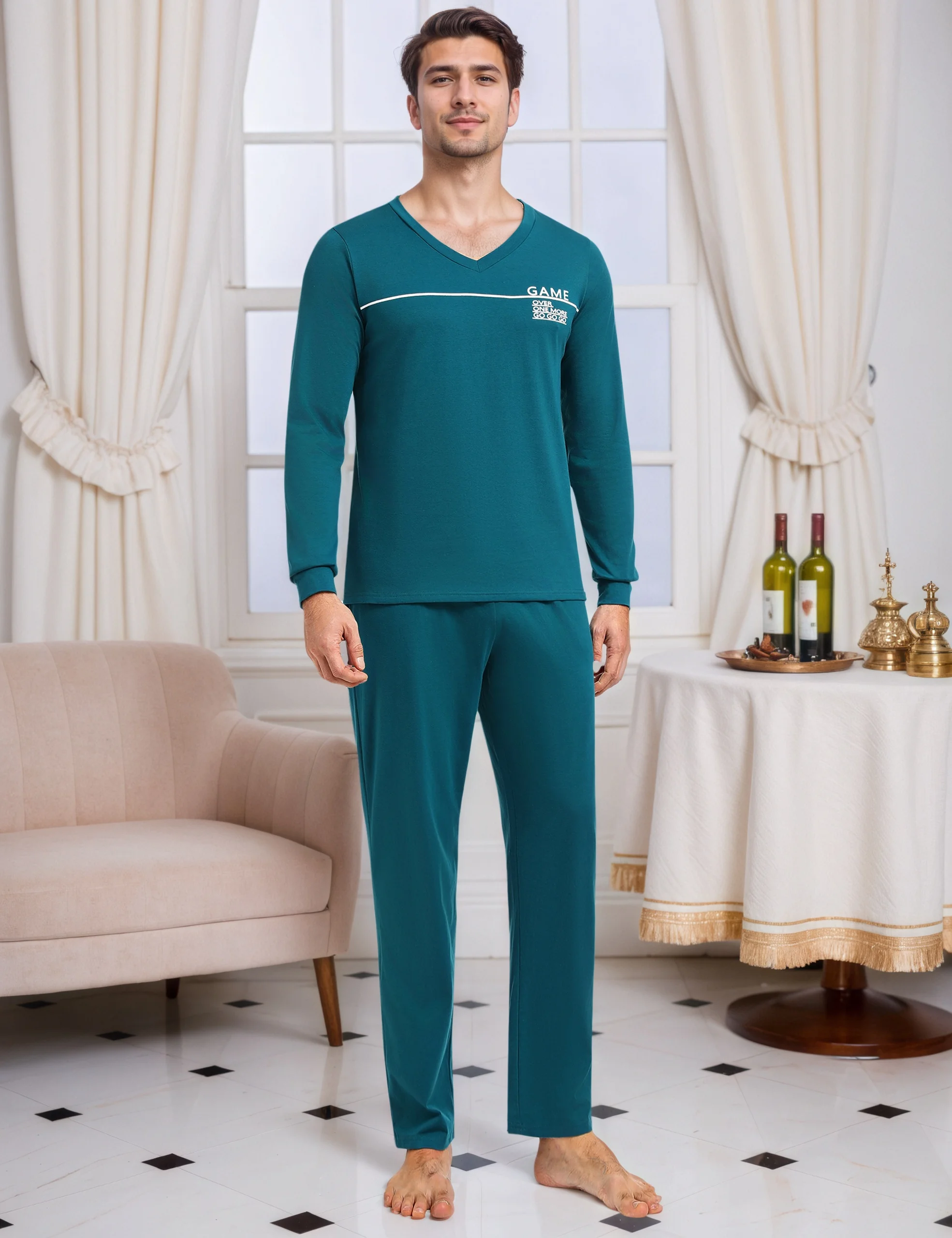 Herren-Pyjama-Sets, langärmliges Baumwoll-Pyjama-Set, 2-teilig, Loungewear, Nachtwäsche, Oberteile und Hose mit Taschen – Detail 3