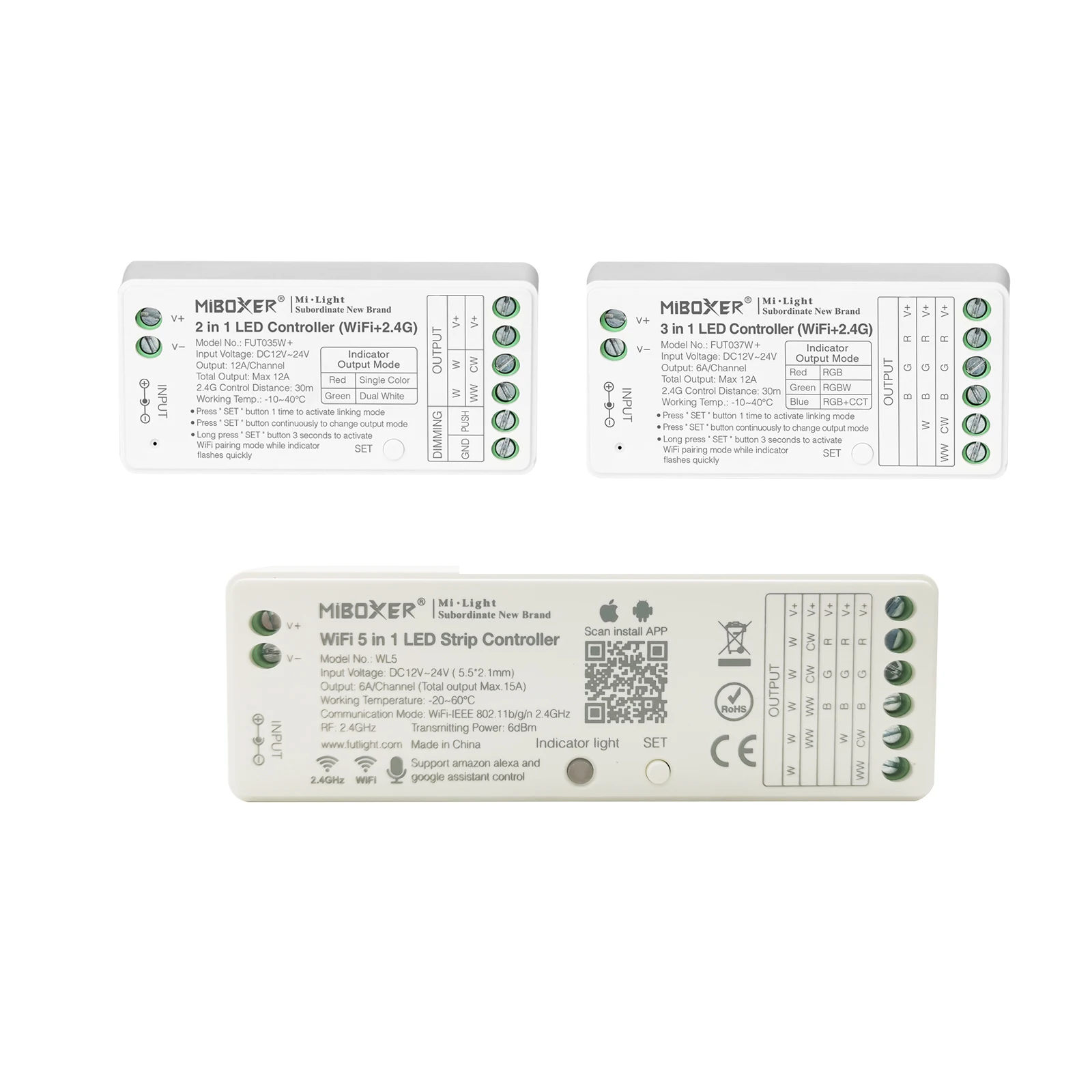 Miboxer Wifi + 2.4G Led Controller Fut035W + Fut037W + Wl5 Dim Cct Rgb Rgbw Rgb + Cct Smart Music Tuya App Controllo Vocale