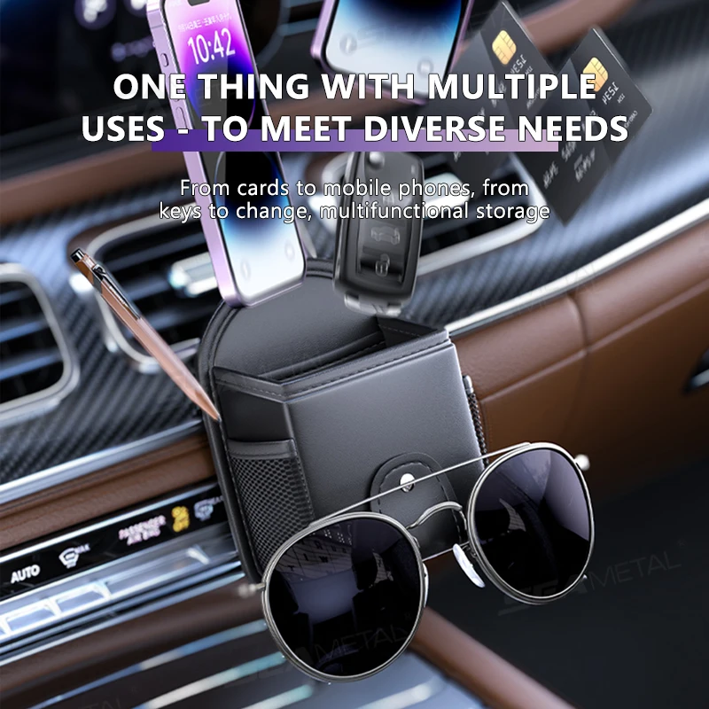 Black PU Leather Car Air Vent Storage Bag with Magnetic Glasses Holder