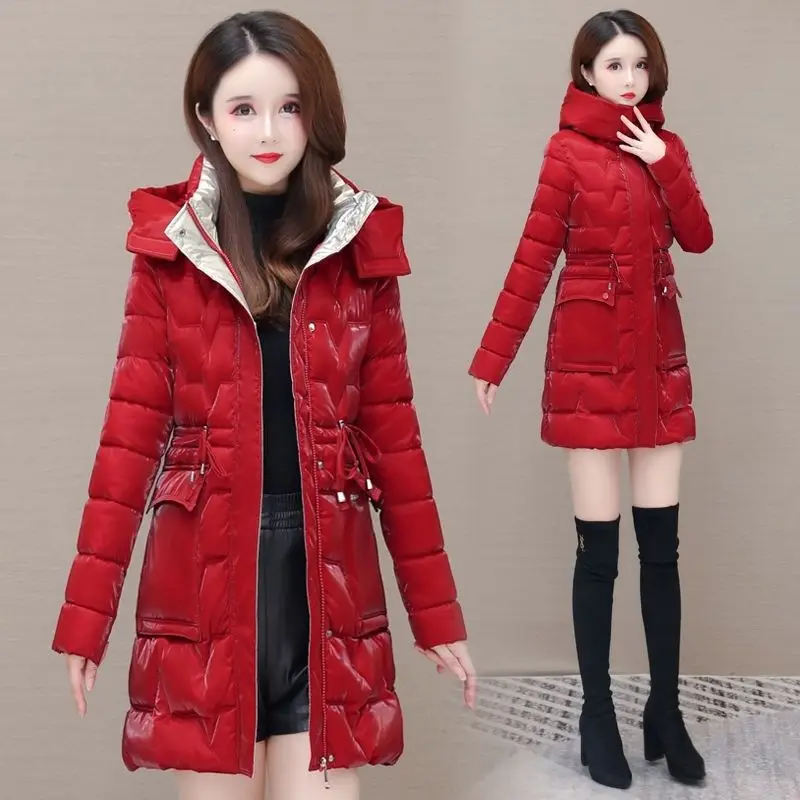 New Women's Down Cotton Coat Winter Warm Jacket Long Thick Bright Face Wash Padded Jackets Female Hooded Parker Overcoat Red 5XL