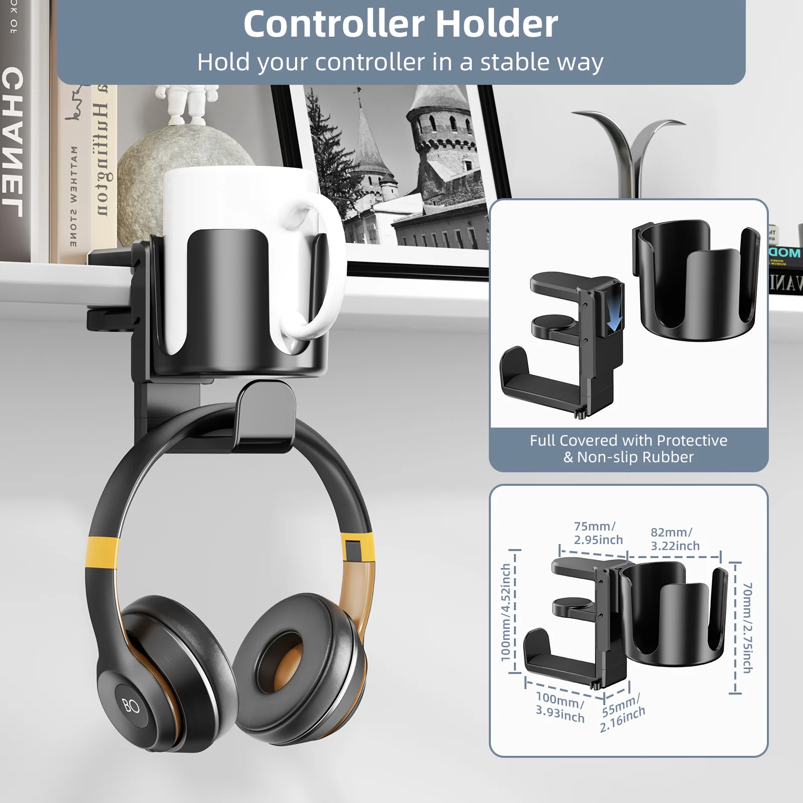 1PCS 2 in 1 Headphone & Cup Holder Table Edge Adjustable Stable Stand Game Sports Headset Mount Beverage Storage for Home Use