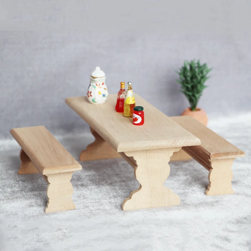 1:12 인형 집 나무 테이블 벤치 미니 가구 모델, 테이블 보관 서랍 캐비닛 모델, DIY 인형 집 침실 장식