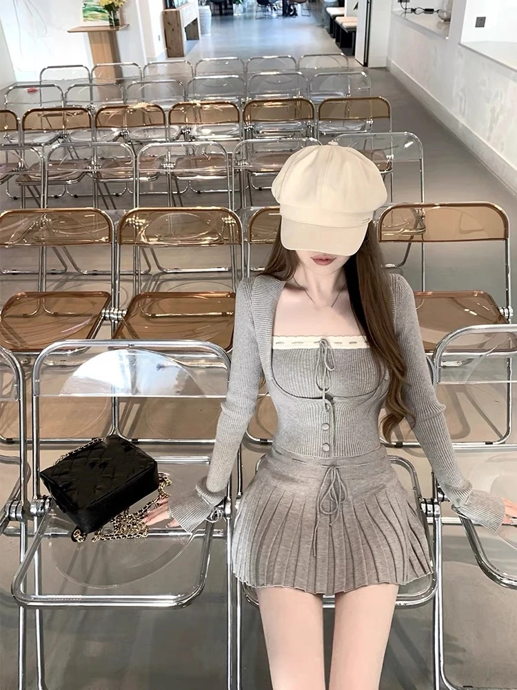 Solid Knitted Suit 3 Piece Set Woman Y2k Cropped Patchwork Vest + Slim Cardigan + Mini Pleated Skirt Autumn Korean Chic Outfits