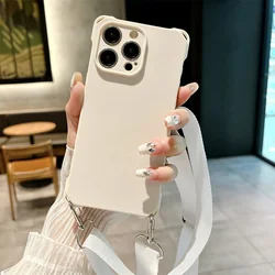 Elegant Crossbody Necklace Lanyard with Wide Strap - Frosted Silicone Case and Soft Back Cover - iPhone 15 (White)