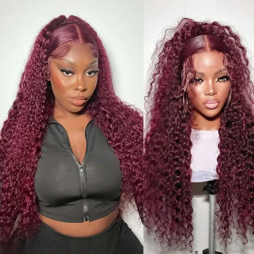 34 Inch Burgundy 99j Deep Wave Frontal Wig Colored Curly Human Hair Wigs 200 180 Density 13x4 Hd Lace Frontal Human Hair Wigs 2
