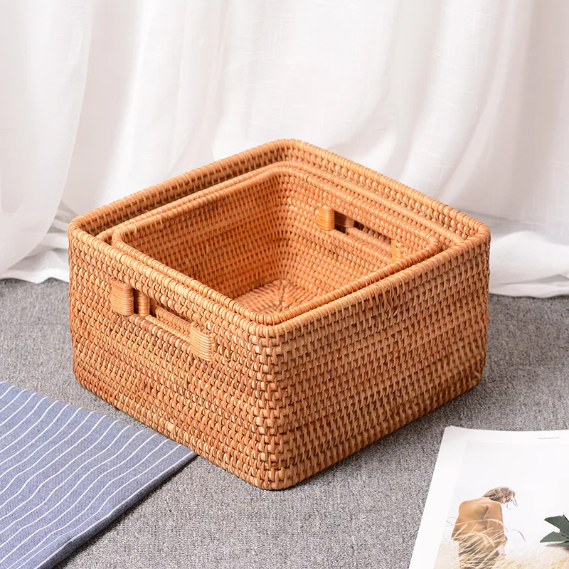 

Handwoven Rattan Storage Baskets for Organizing, Bookshelf Decorative Basket with Handles