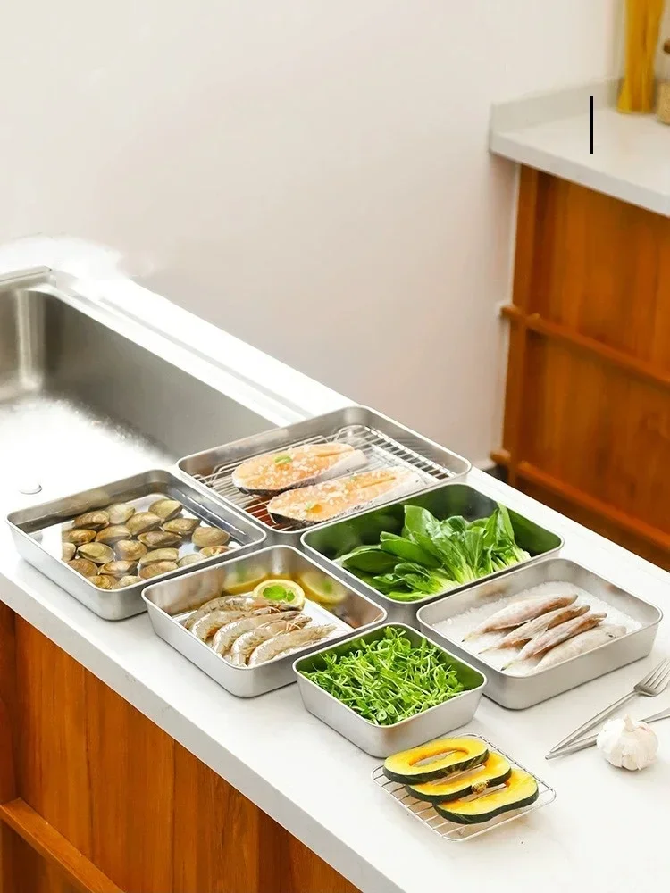 Description Picture 2 of itemStainless Steel Square Plate With Lid Rectangular Food Storage Pan Commercial Dish Tray Large Freshing Lunch Box Container