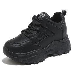 White Platform Women's Sneakers - Spring 2024 Collection, Lace-Up with Thick Sole, Breathable PU Leather Sports Shoes - 40 (Black)