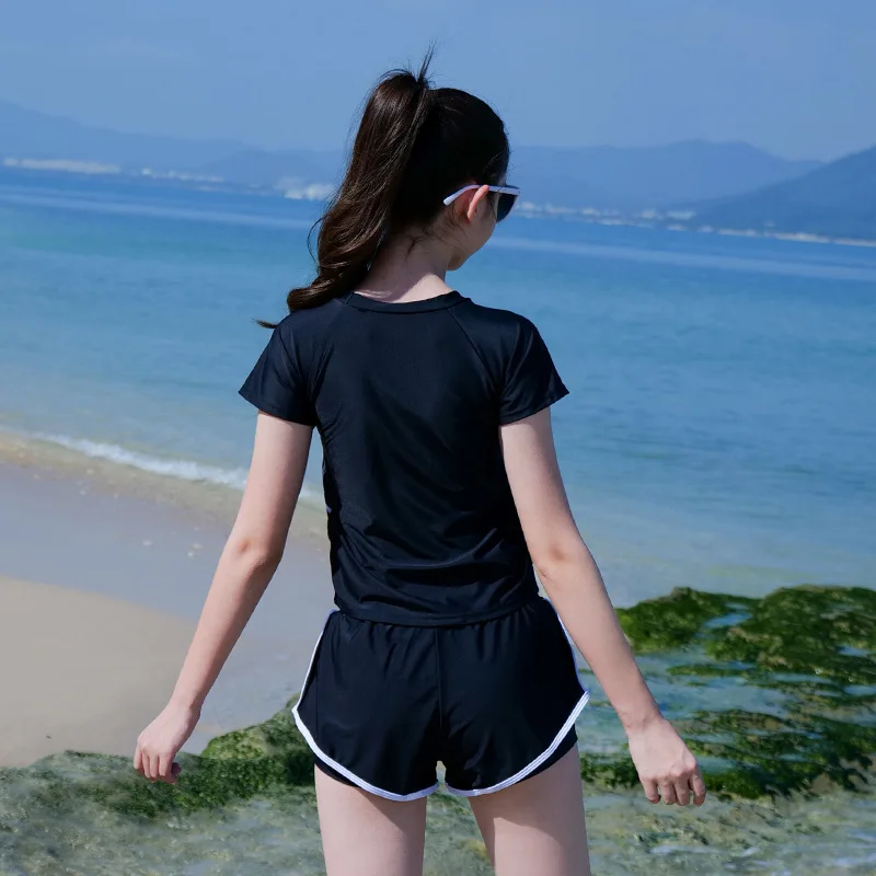 Two-Piece Kids Girls Swimming Suit O Neck Short Sleeve Patchwork Sport Letter Print Top with Shorts Beach Swimwear Bathing Suits