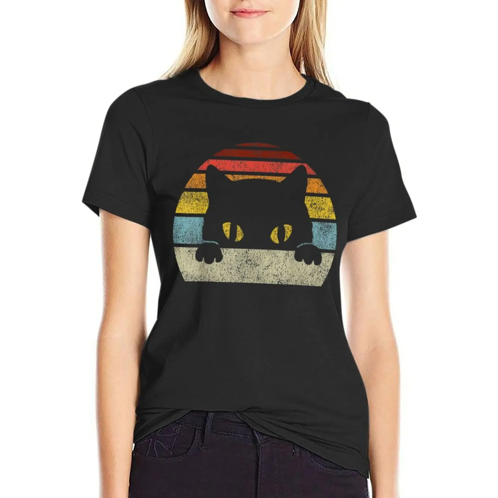 Vintage Black Cat Lover Retro Style Cat T-Shirt cute tops aesthetic clothes kawaii clothes tops Women's tops