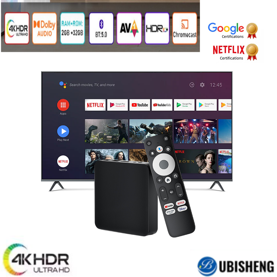 GD2 TV Box Android 12 Amlogic S905Y4 Processor 2GB RAM 32GB Storage Supports AV1 4K H.265WiFi Bluetooth Voice Google certified