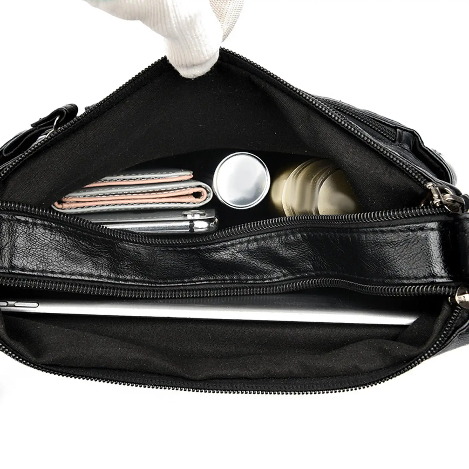 Women Leather Shoulder Bag Vacation Casual Travel Bag Multi Layer Lady Black