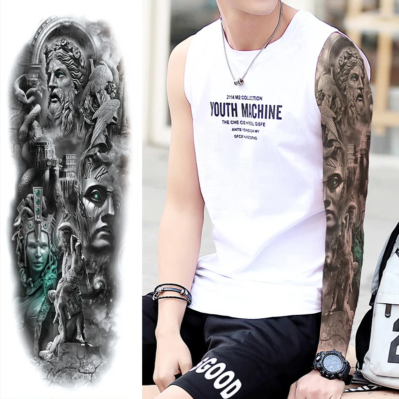 Waterproof Temporary Tattoo Sticker Wolf Demon Eye Roman Clock Full Arm Large Fake Tatto for Men Women